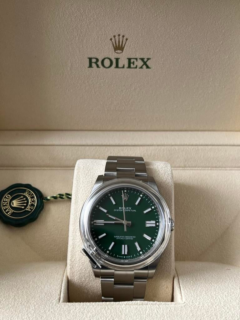 Rolex Oyster Perpetual 41mm Green dial 124300 Nieuw, Sieraden, Tassen en Uiterlijk, Ophalen, Staal, Polshorloge, Nieuw