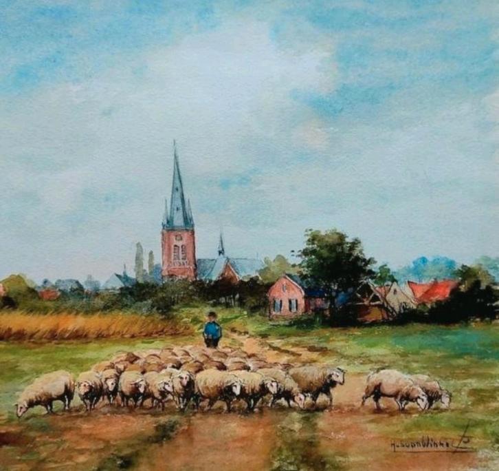 Aquarel... Hub van Winkel ... gesigneerd...  25,5 x 25,5 cm., Antiek en Kunst, Kunst | Schilderijen | Klassiek, Ophalen of Verzenden