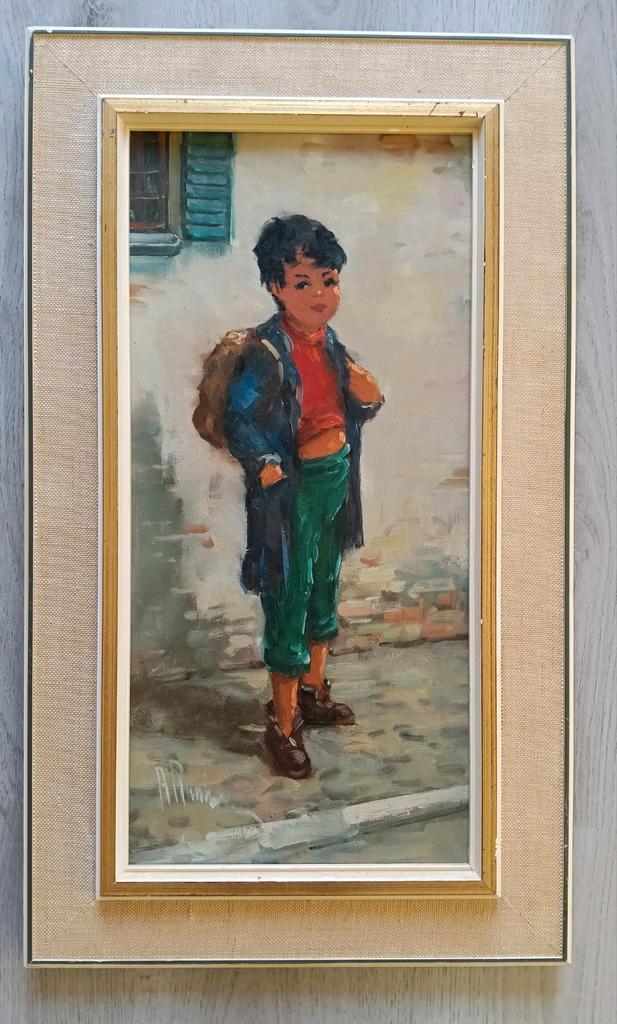 Jongetje met knapzak - 1960 - Gesigneerd, Antiek en Kunst, Kunst | Schilderijen | Klassiek, Ophalen of Verzenden