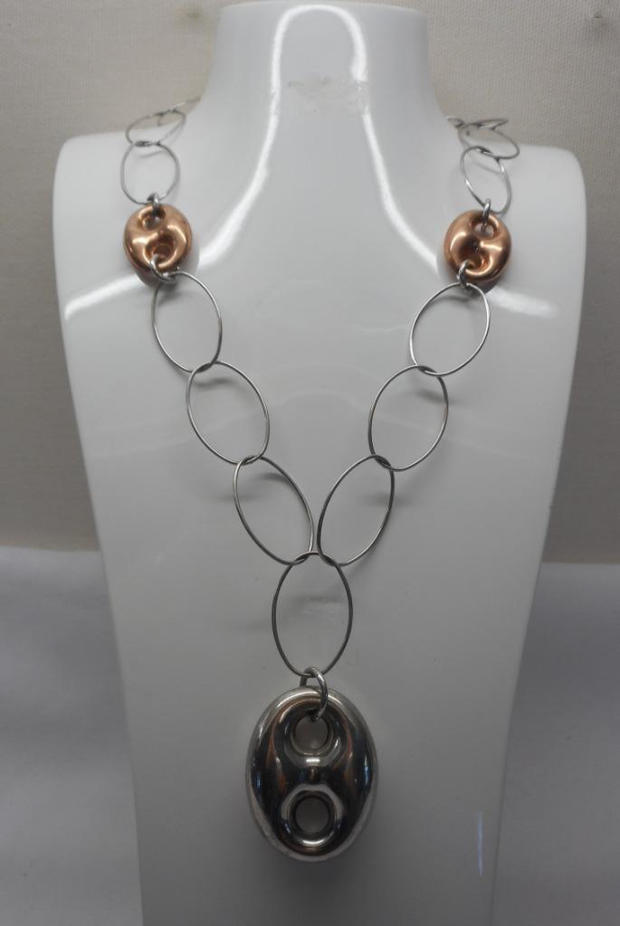 Zilveren bicolor ketting met grote schakels en hanger nr.094, Sieraden, Tassen en Uiterlijk, Kettingen, Zo goed als nieuw, Zilver