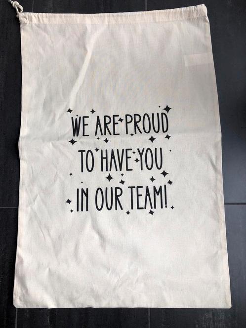 Katoenen zak tekst, We are proud,to have you in our team., Hobby en Vrije tijd, Feestartikelen, Nieuw, Overige typen, Verjaardag