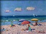 Niek van der Plas, ingelijste 's zomerse strandvoorstelling, Antiek en Kunst, Kunst | Schilderijen | Klassiek, Ophalen of Verzenden