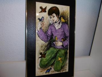 Heel mooi vintage retro tegelplateau, kind vogels gesigneerd beschikbaar voor biedingen