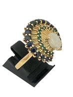 18 kt gouden pauwenring met saffier, smaragd, opaal. mt 20, 19 tot 20, Zo goed als nieuw, Met edelsteen, Www.nynkegardenier.nl