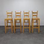 Set of 4 Bar Stools in Solid Oak and Rattan, 1970s, Ophalen, Hout, 60 tot 90 cm, Zo goed als nieuw