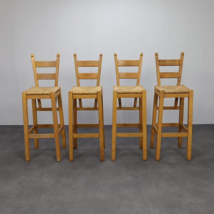 Set of 4 Bar Stools in Solid Oak and Rattan, 1970s, Huis en Inrichting, Barkrukken, Zo goed als nieuw, 60 tot 90 cm, Hout, Riet