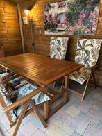 Tuinset: Uitschuifbare tafel, 6 stoelen, krukken, Tuin en Terras, Ophalen, Gebruikt, Hout