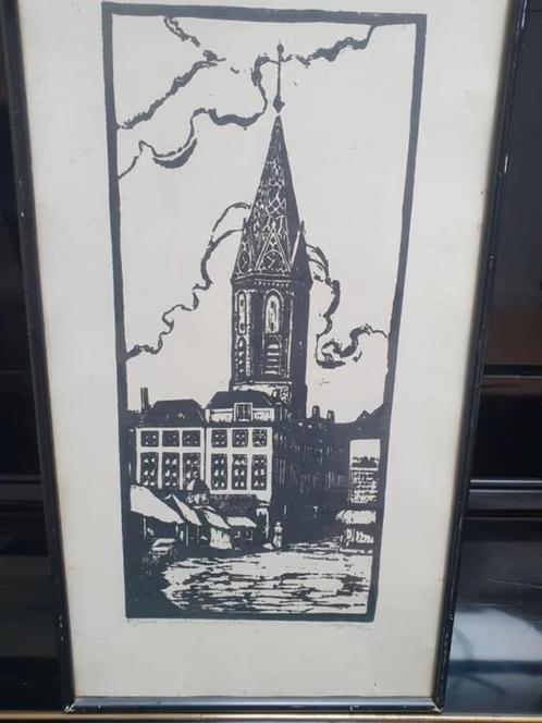 Houtsnede van Jac. de Beer Grote Kerk Den Haag, Antiek en Kunst, Kunst | Etsen en Gravures, Ophalen