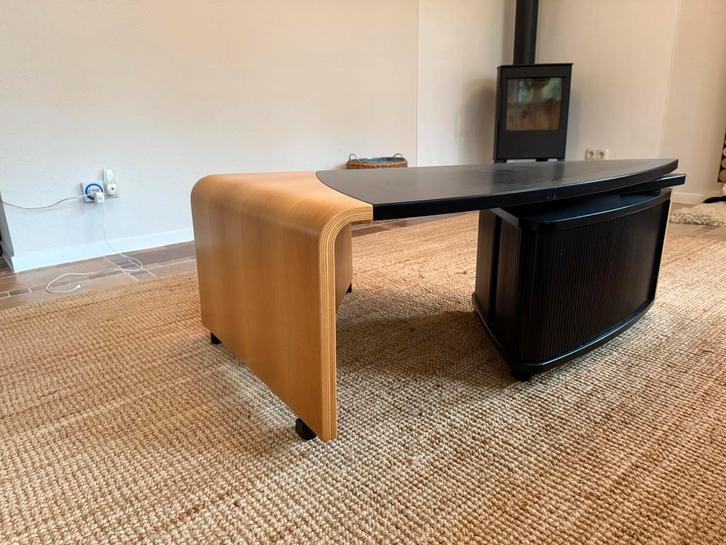 Leolux Meropida salontafel 3delige set zwart / eiken, Huis en Inrichting, Tafels | Salontafels, Gebruikt, Minder dan 50 cm, 50 tot 100 cm