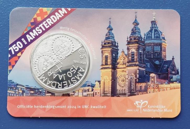 750 jaar Amsterdam Vijfje 2024 UNC-kwaliteit  in coincard, Postzegels en Munten, Munten | Nederland, Setje, Euro's, Vóór koninkrijk