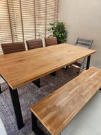 Massief houten tafel met stoelen en bankje, 200 cm of meer, Zo goed als nieuw, Vijf personen of meer, Eikenhout