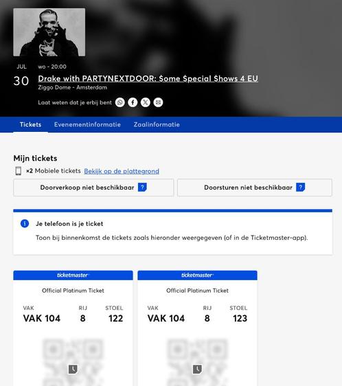2 DRAKE Platinum tickets tegen kostprijs, Tickets en Kaartjes, Concerten | R&B en Hiphop, Twee personen, Juli