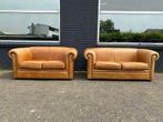 Originele Chesterfield 3+2 zits als Nieuw Cognac Camel leer, Ophalen of Verzenden, Gebruikt, 75 tot 100 cm, Leer