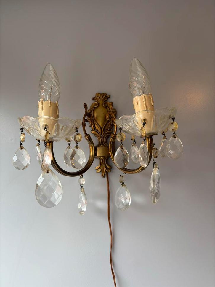 Vintage Wandlamp met Kristallen, Huis en Inrichting, Lampen | Wandlampen, Gebruikt, Glas, Ophalen of Verzenden