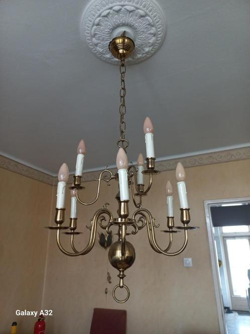 Goud glanzende koperen bol kroonluchter 9 arms, Huis en Inrichting, Lampen | Kroonluchters, Gebruikt, Metaal, Ophalen
