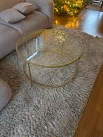 Gouden salontafel met glasplaat, Huis en Inrichting, Tafels | Salontafels, Ophalen, Gebruikt, 100 tot 150 cm, Rond