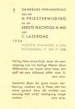 Lazeroms C. Hoeven 1936 Roosendaal, Verzamelen, Bidprentjes en Rouwkaarten, Ophalen of Verzenden