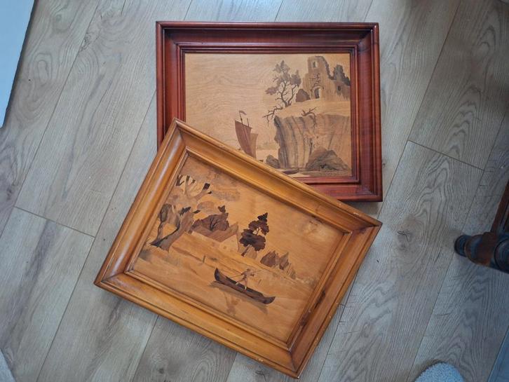 Vintage houten marqueterie wandpanelen – set van 2, Antiek en Kunst, Kunst | Overige Kunst, Ophalen of Verzenden