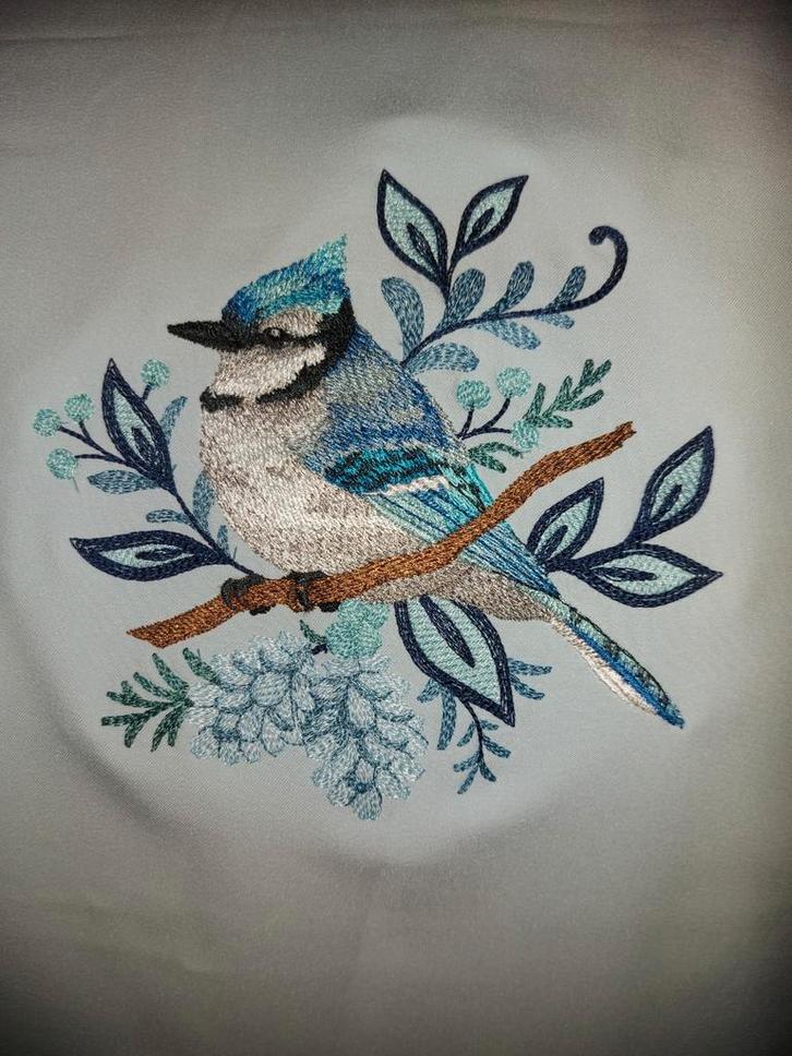 Prachtig borduurwerk van een blauwe gaai op een lichtblauwe, Hobby en Vrije tijd, Stoffen en Lappen, Nieuw, Blauw, Ophalen of Verzenden