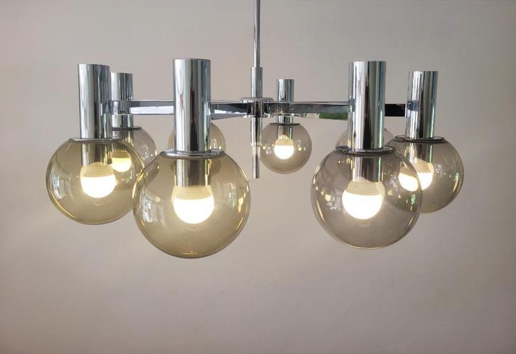 Grote kroonluchter van Kaiser Leuchten in chroom, Huis en Inrichting, Lampen | Hanglampen, Gebruikt, Minder dan 50 cm, Glas, Metaal