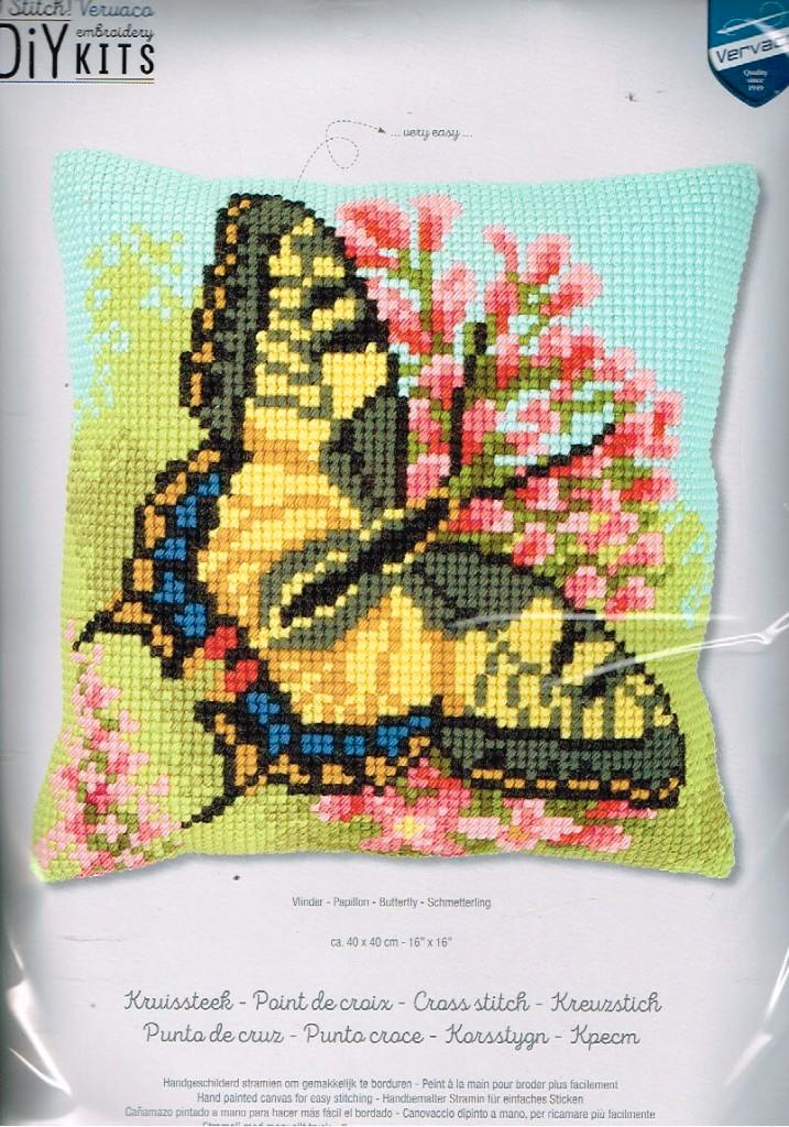 Cado vervaco borduurpakket  kussen vlinder 768, Hobby en Vrije tijd, Borduren en Borduurmachines, Nieuw, Borduurpakket, Handborduren