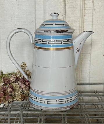 Emaille oud Frans koffiepotje wit met licht blauw  beschikbaar voor biedingen