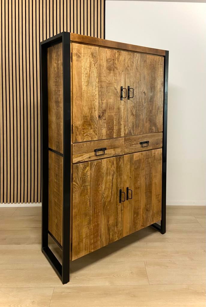 Kast / wandkast mango zwart mataal Landelijke industrieel, Ophalen, Met deur(en), Nieuw, Minder dan 150 cm