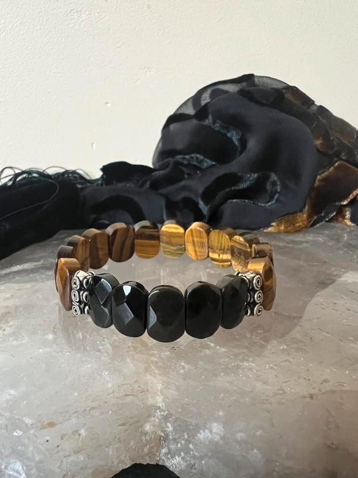 Tijgeroog obsidiaan zilver beschermt vertrouwen geluk moed, Sieraden, Tassen en Uiterlijk, Armbanden, Nieuw, Zilver, Bruin, Met bedels of kralen