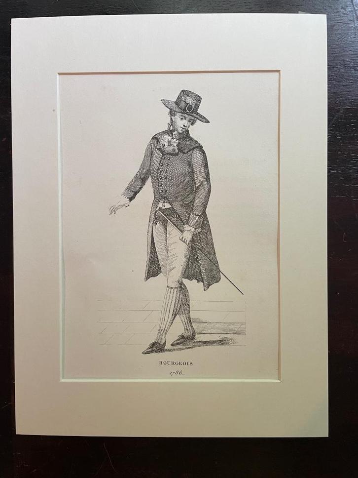 1852 Oud kostuum / Franse tekst - In leuke lijst UNIEK, Antiek en Kunst, Kunst | Etsen en Gravures, Ophalen of Verzenden