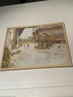 Schilderij W. Romijn - Boerderij met paarden, Ophalen of Verzenden