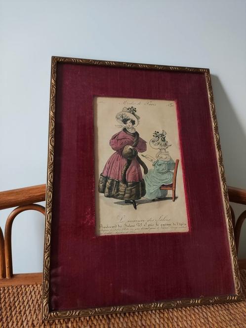 Prachtige ingelijste modeprent met stof, Antiek en Kunst, Kunst | Etsen en Gravures, Verzenden