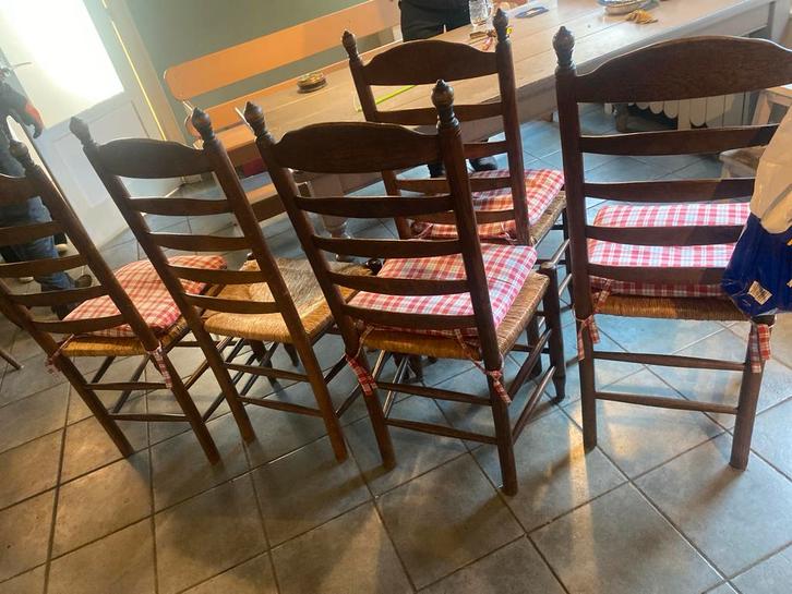 Staphorster stoelen met rieten zitting (6 stuks), Huis en Inrichting, Stoelen, Gebruikt, Vijf, Zes of meer stoelen, Hout, Bruin