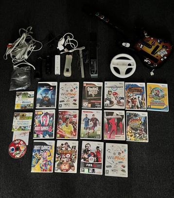 Wii Spelcomputer zwart met accessoires en 16 spellen beschikbaar voor biedingen