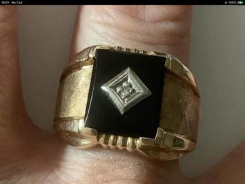Vintage unieke gouden ring Zwart Onyx Diamant ,14 k goud beschikbaar voor biedingen