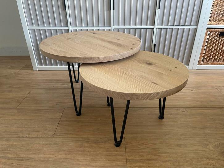 Nieuwe Eiken Salontafels - Set van 2, Huis en Inrichting, Tafels | Salontafels, Nieuw, 50 tot 100 cm, Rond, Eikenhout, Ophalen of Verzenden