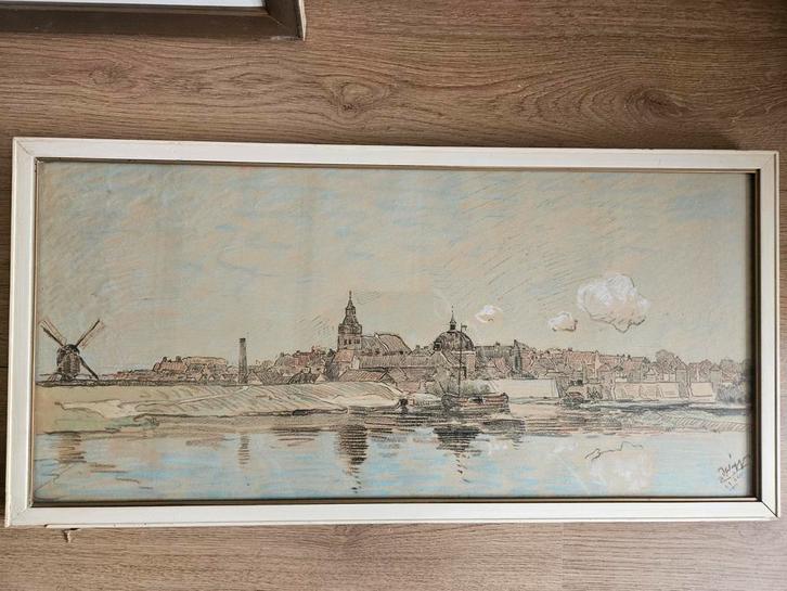 Gezicht op Leerdam,pastel op papier achter glas, Antiek en Kunst, Kunst | Schilderijen | Klassiek, Verzenden