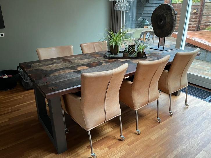 Stoere eettafel van eiken wagonplanken ca. 240x104x78 cm., Huis en Inrichting, Tafels | Eettafels, Zo goed als nieuw, 200 cm of meer