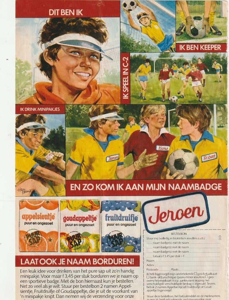Retro reclame 1982 Riedel minipakjes Jeroen naambadge, Verzamelen, Retro, Verzenden, Overige typen