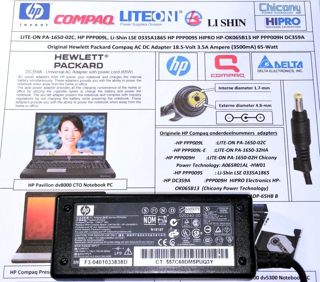HP Compaq 18.5V 3.5A 65W Adapter 239427-001 4.8x1.7 oplader, Ophalen of Verzenden, Zo goed als nieuw, HP Compaq