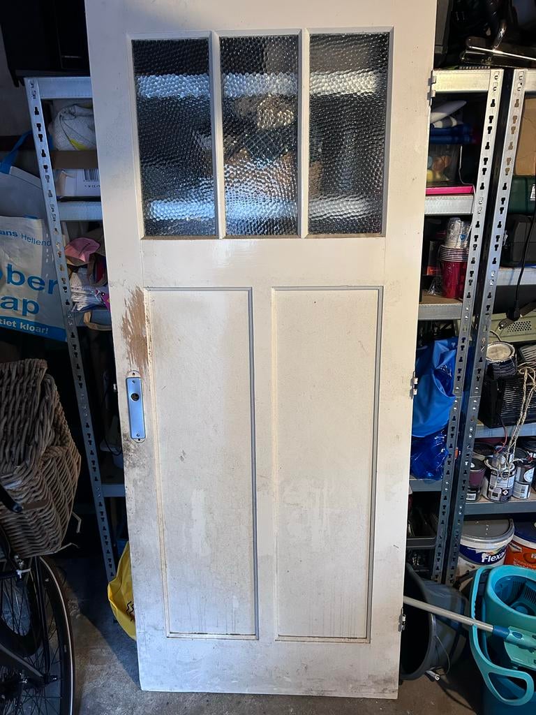 Oude paneeldeur met glas in goede staat incl. deurbeslag, Ophalen, Gebruikt, 80 tot 100 cm, Binnendeur