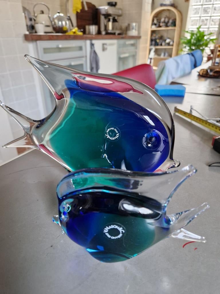 2 handgeblazen Murano maanvissen - glazen decoratie, Ophalen of Verzenden
