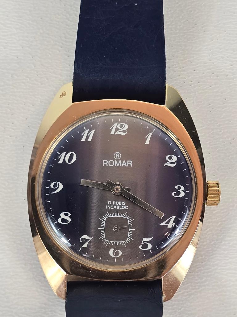 Gouden Romar, 17 RUBIS INCABLOC, Roamer, heren, jaren '70, Sieraden, Tassen en Uiterlijk, Overige merken, Leer, Polshorloge, Ophalen of Verzenden