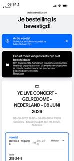 Ye Live - J.noah concert - Kanye 8 juni - gelredome, Tickets en Kaartjes, Kortingen en Cadeaubonnen, Twee personen, Overige soorten