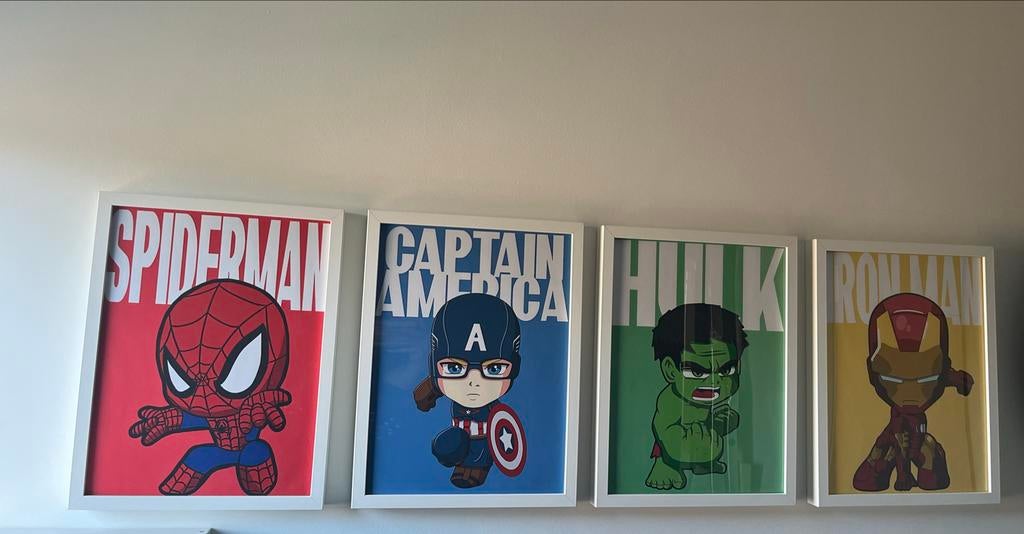 Set van 4 Posters Superhelden Marvel, Ophalen, Minder dan 50 cm, Zo goed als nieuw, Foto of Poster