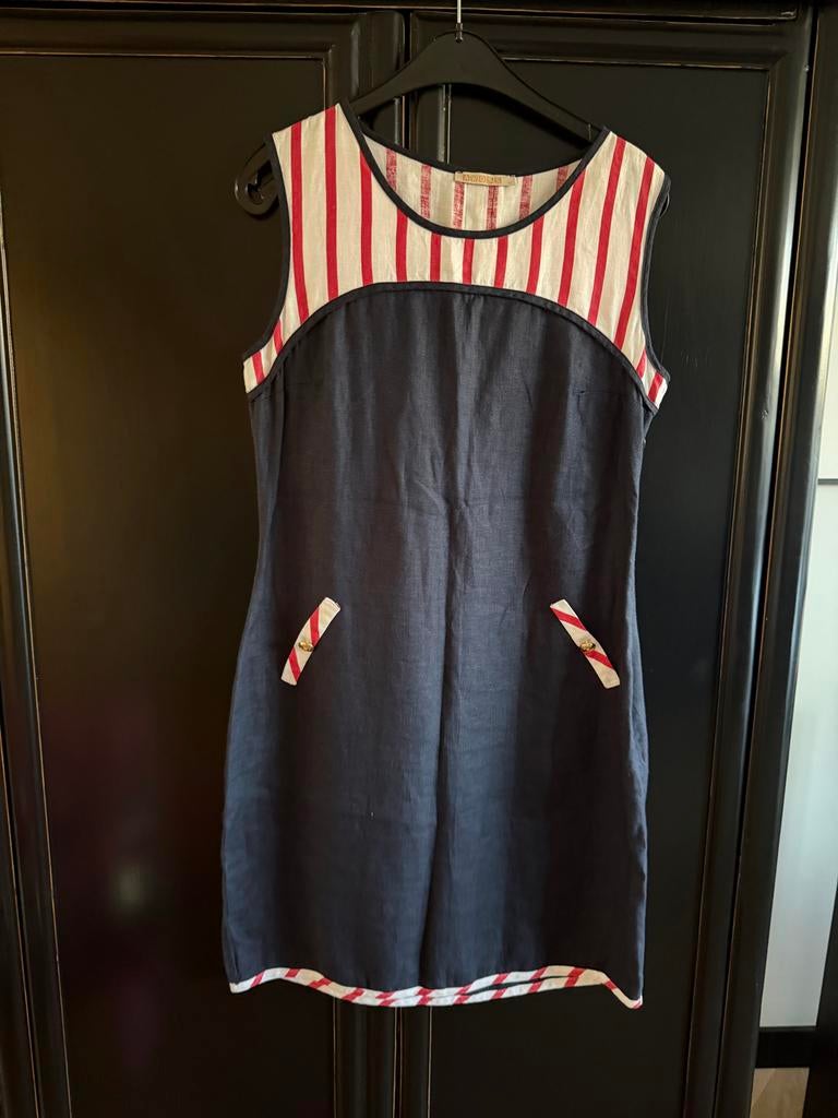 Vintage linnen jurk blauw rood wit maat 42, Ophalen of Verzenden, Zo goed als nieuw, Maat 42/44 (L), Blauw