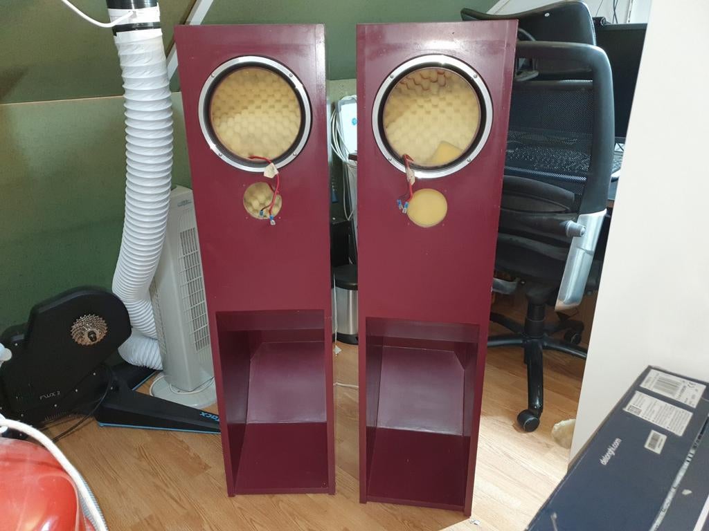 2 Zelfbouw MDF McFarlow Exciter hoornluidsprekers, Zo goed als nieuw, Minder dan 60 watt, Front, Rear of Stereo speakers, Ophalen