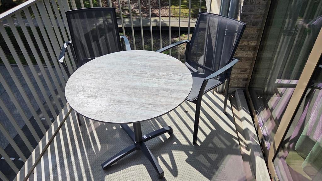 Bellagio Cannes tuintafel rond 80cm - Grijs met twee stoelen, Ophalen, Gebruikt, Rond, Metaal