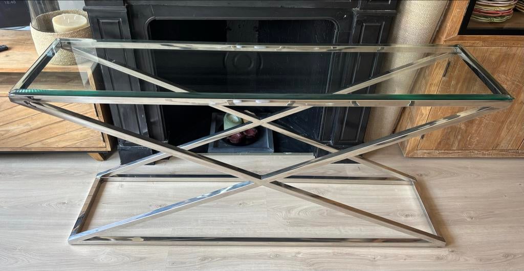 Design Glazen en Metalen Wandtafel 75x160x40 cm, Huis en Inrichting, Tafels | Sidetables, Ophalen, Gebruikt, Glas, 150 tot 200 cm