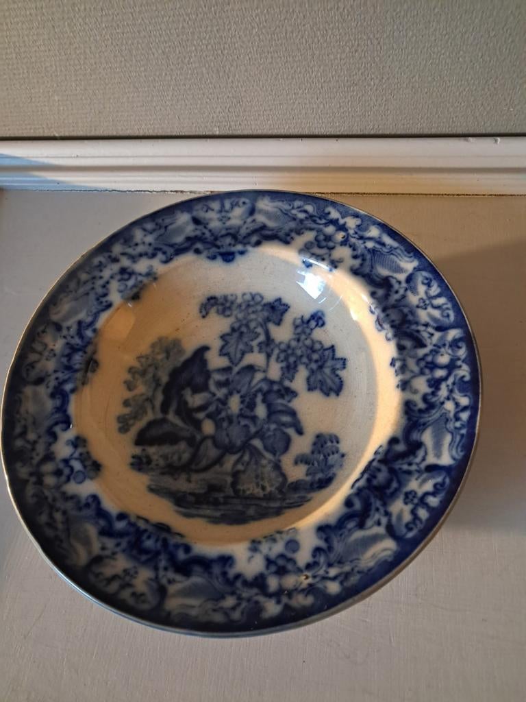 Antiek wandbord 23 cm - Blauw-wit decor, Ophalen of Verzenden