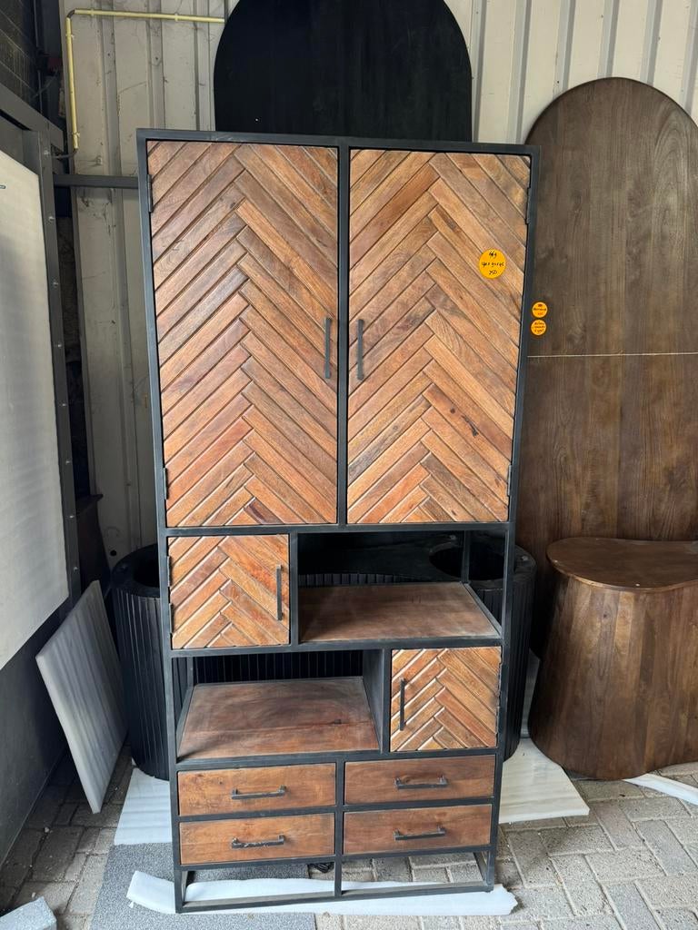 Wandkast mangohout staal 190x90x45 cm, Huis en Inrichting, Ophalen, Met deur(en), Overige materialen, Nieuw